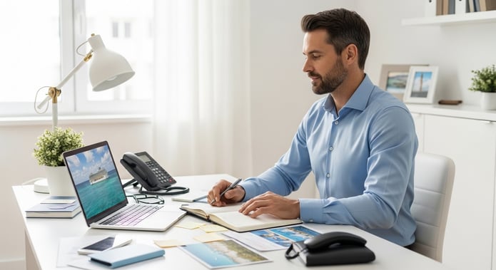 travel agent helping clients with vacation bookings