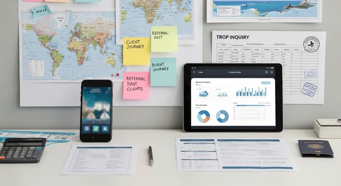 Travel agent desk with client leads