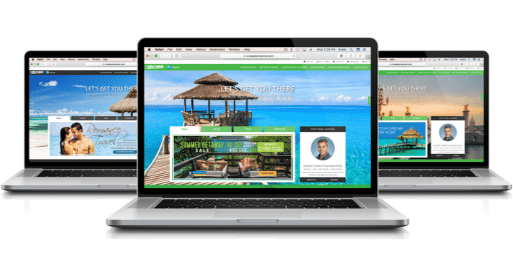Photo of 3 laptops featuring Cruise Planners travel advisors customizable websites. 